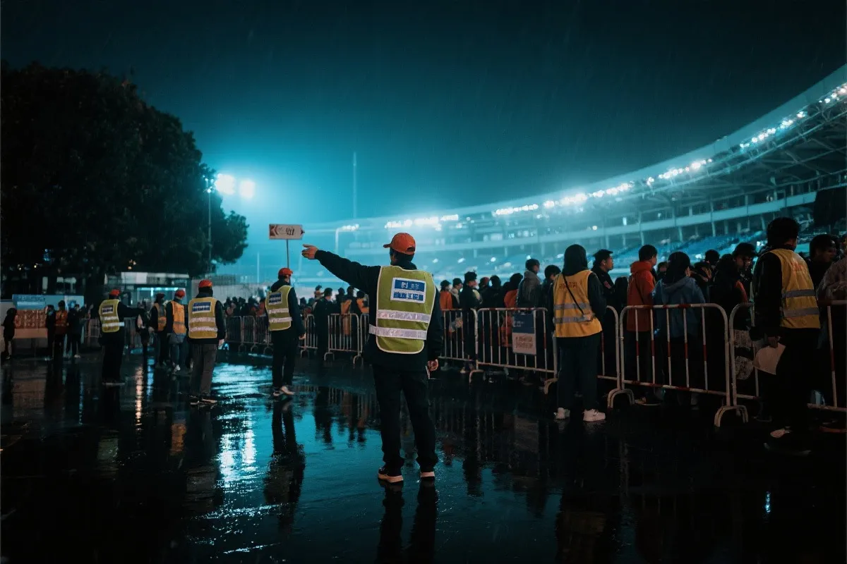 夜晚球场外志愿者协助人流疏导与信息指引的电影感场景